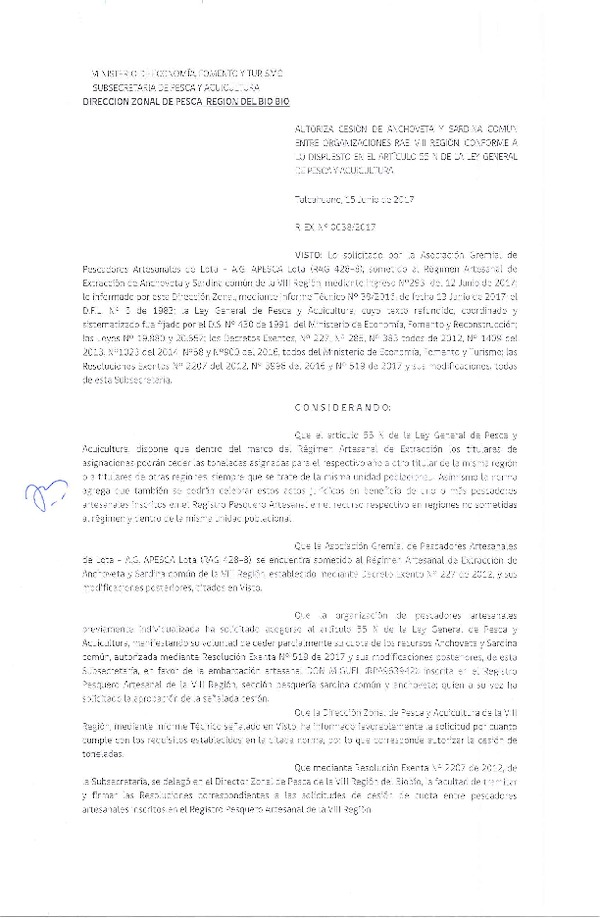 Res. Ex. N° 38-2017 (DZP VIII) Autoriza Cesión Anchoveta y sardina común, VIII Región.