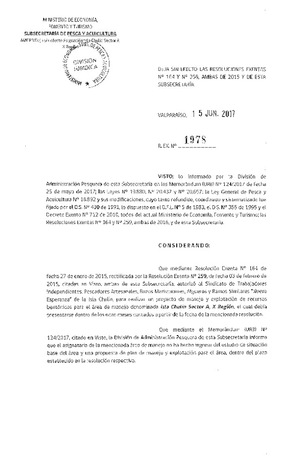 Res. Ex. N° 1978-2017 Deja sin efecto Res. Ex. N° 164 y N° 259, ambas de 2015.