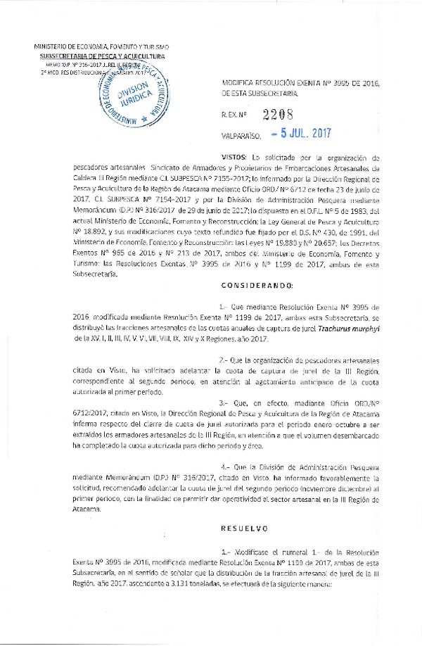 Res. Ex. N° 2208-2017 Modifica Res. Ex. N° 3995-2016 Que Estableció Distribución de las Fracciones Artesanales de Jurel XV-X Regiones, por Región, Año 2017. (Publicado en Página Web 05-07-2017) (F.D.O. 12-07-2017)