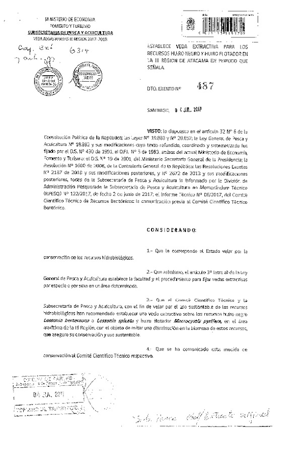 Dec. Ex. N° 487-2017 Establece Veda Extractiva para los Recursos Huiro Negro y Huiro Flotador en la III Región. (Publicado en Página Web 07-07-2017) (F.D.O. 08-07-2017)