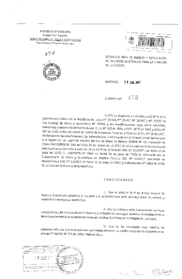 Dec. Ex. N° 479-2017 Establece Área de Manejo y Explotación de Recursos Bentónicos Lepihue Quillahua, X Región. (F.D.O. 07-07-2017)