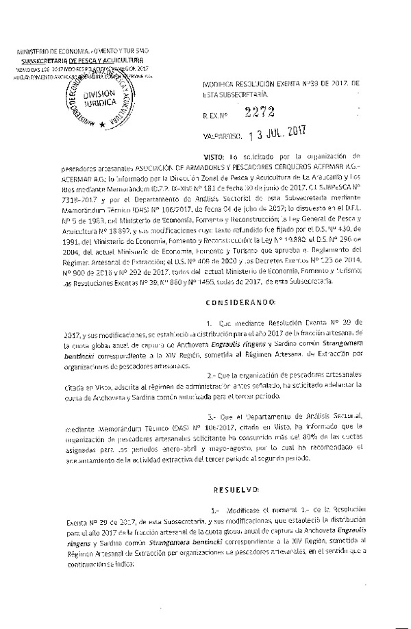 Res. Ex. N° 2272-2017 Modifica Res. Ex. N° 39-2017 Distribución de la Fracción Artesanal de Pesquería de Anchoveta y Sardina Común, XIV Región, año 2017. (Publicado en Página Web 13-07-2017)