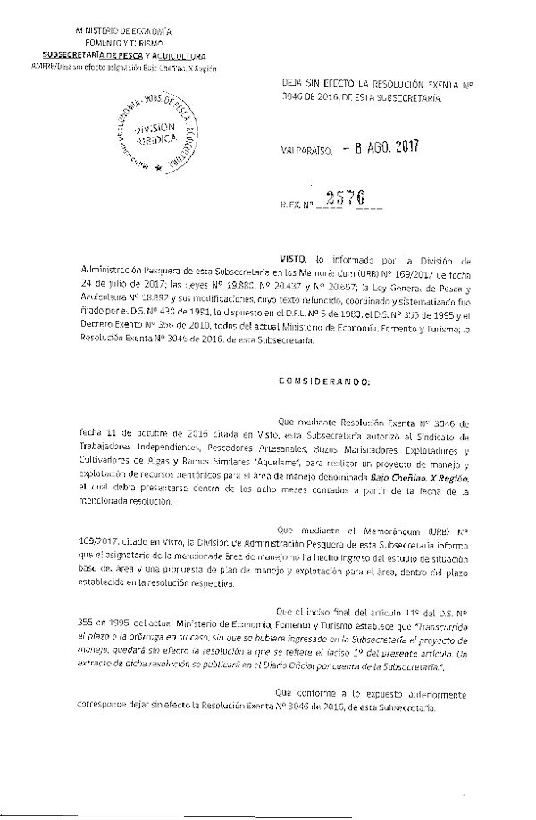 Res. Ex. N° 2576-2017 Deja sin Efecto Res. Ex. N° 3046-2016.