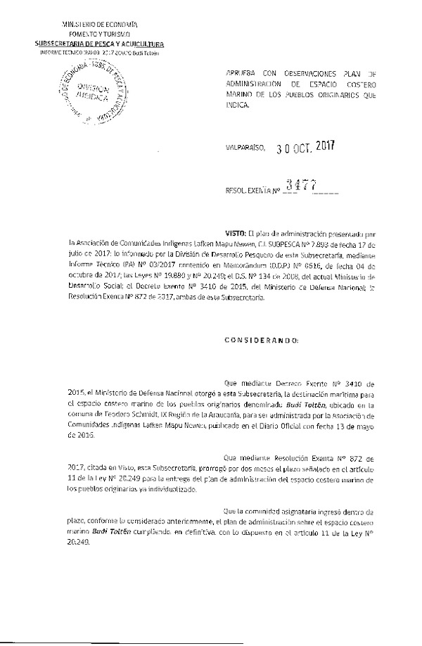 Res. Ex. N° 3477-2017 Aprueba con Observaciones Plan de Administración de ECMPO Budi Toltén, IX Región. (Publicado en Página Web 30-10-2017)