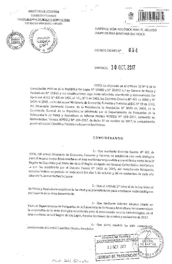 Dec. Ex. N° 654-2016 Suspende Veda Biológica para el Recurso Huepo en la X Región. (Publicado en Página Web 06-11-2017) (F.D.O. 07-11-2017)