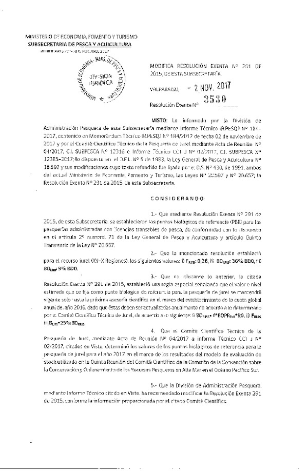 Res. Ex. N° 3530-2017 Modifica Res. Ex. N° 291-2015 Establece Puntos Biológicos de Referencia para Pesquerías Administradas con Licencias Transables de Pesca. (Publicado en Página Web 07-11-2017) (F.D.O. 16-11-2017)
