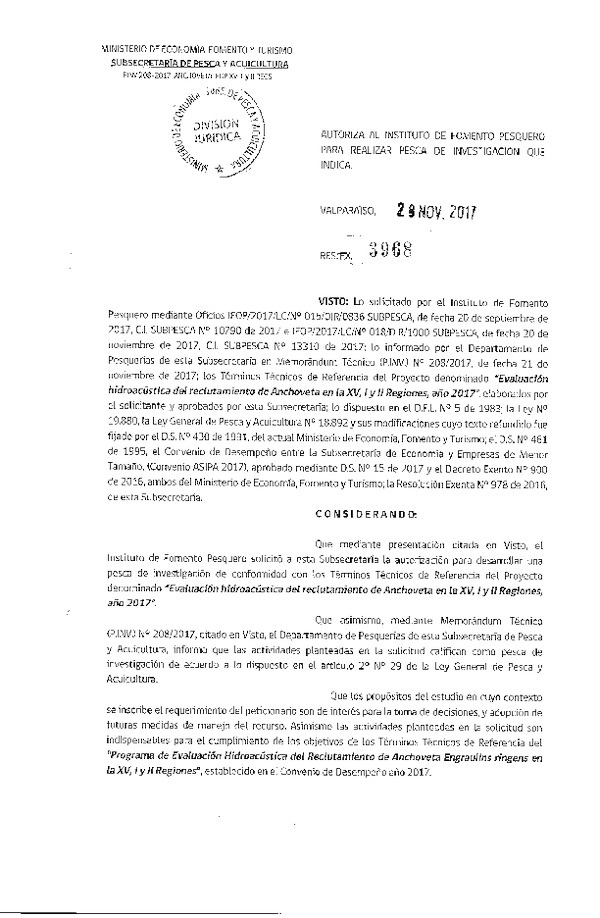 Res. Ex. N° 3968-2017 Evaluación hodroacústica del reclutamiento de Anchoveta en la XV-II Región, año 2017.