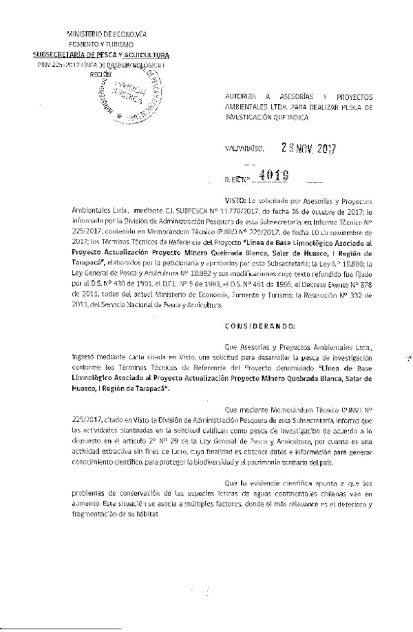 Res. Ex. N° 4019-2017 Línea de base limnológico, I Región.