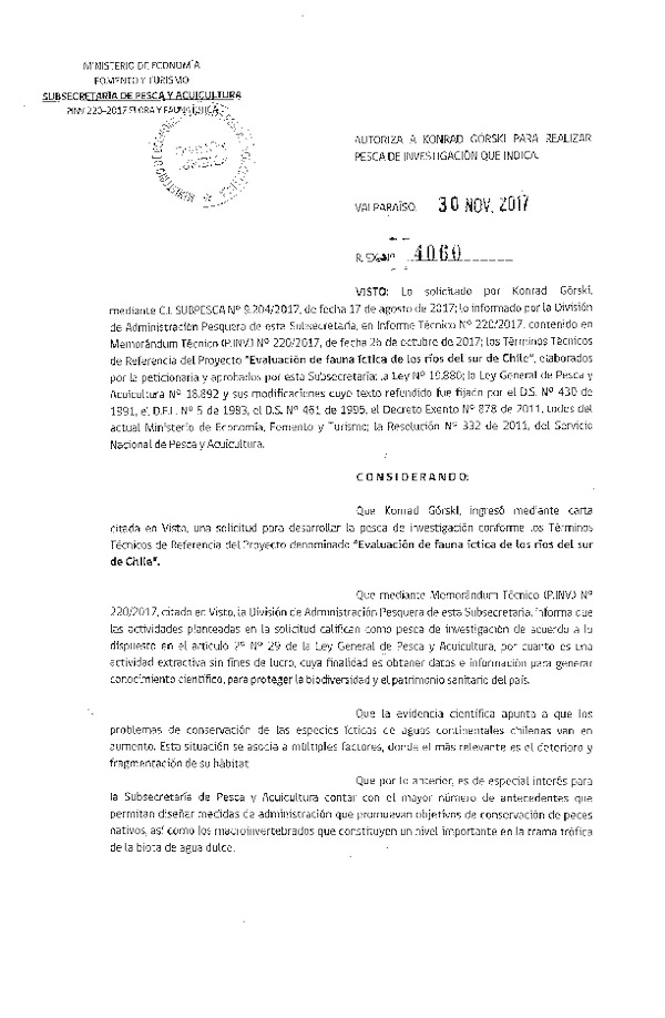 Res. Ex. N° 4060-2017 Evaluación de fauna íctica de los ríos del sur de Chile.