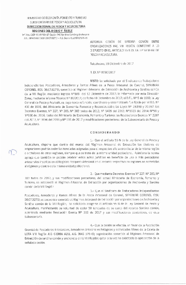 Res. Ex. N° 80-2017 (DZP VIII) Autoriza Cesión Sardina común, VIII Región.