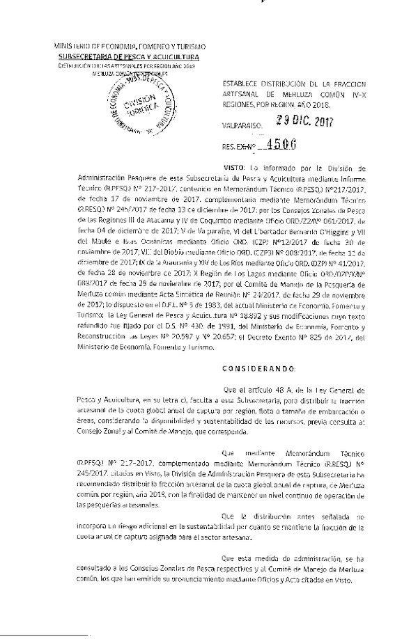 Res. Ex. N° 4506-2017 Distribución de la fracción artesanal Merluza común, IV-X Región, año 2018. (Publicado en Diario Oficial 29-12-2017) (F.D.O 08-01-2018)