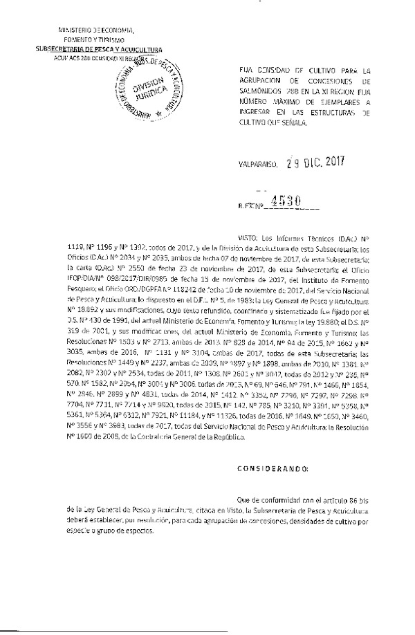 Res. Ex. N° 4530-2017 Fija Densidad de Cultivo para la Agrupación de Concesiones de Salmónidos 28B en la XI Región. (Con Informe Técnico) (Publicado en Página Web 04-01-2018) (F.D.O. 11-01-2018)