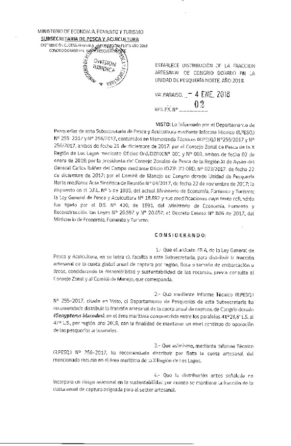 Res. Ex. N° 2-2018 Establece Distribución de la Fracción Artesanal de Congrio Dorado, Unidad de Pesquería Norte, X-XI Regiones. (Publicado en Página Web 05-01-2018) (F.D.O. 16-01-2018)