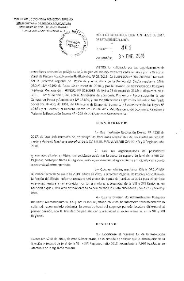 Res. Ex. N° 364-2018 Modifica Res. Ex. N° 4228-2017 Establece Distribución de las Fracciones Artesanales de Jurel XV-X Regiones, por Región, Año 2018. (Publicado en Página Web 31-01-2018) (F.D.O. 09-02-2018)