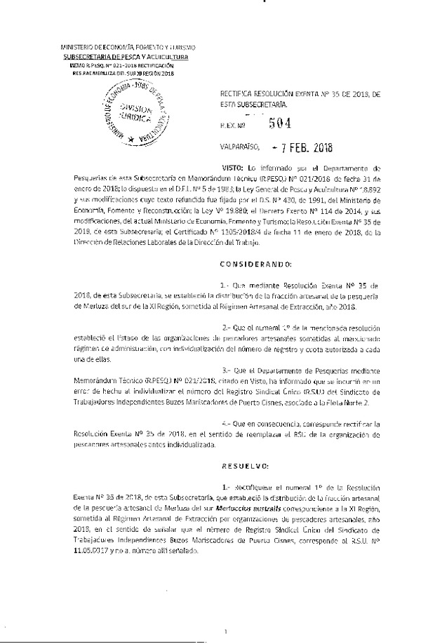 Res. Ex. N° 504-2018 Rectifica la resolución exenta n° 35 de 2018, de esta subsecretaría