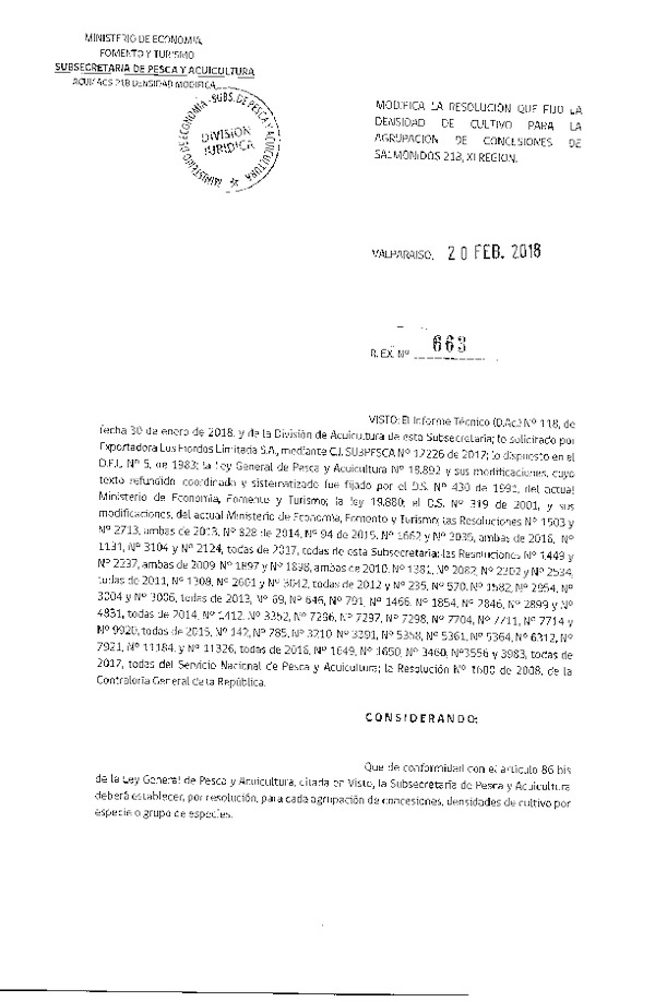 Res. Ex. N° 663-2018 modifica Res. Ex. N° 2124-2017 Fija Densidad de Cultivo para la Agrupación de Concesiones de Salmónidos 21 B, XI Región. (Con Informe Técnico) (Publicado en Página Web 20-02-2018) (F.D.O. 27-02-2018)