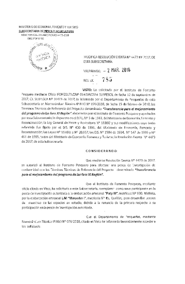 Res. Ex. N° 785-2018 Modifica Res. Ex. N° 4473-2017.